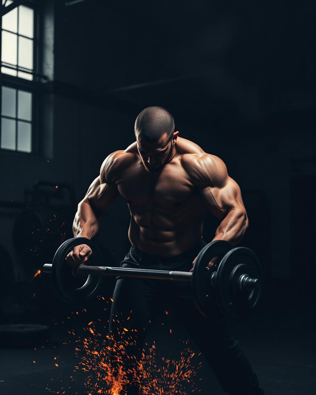 Athlete training in a dark forge gym